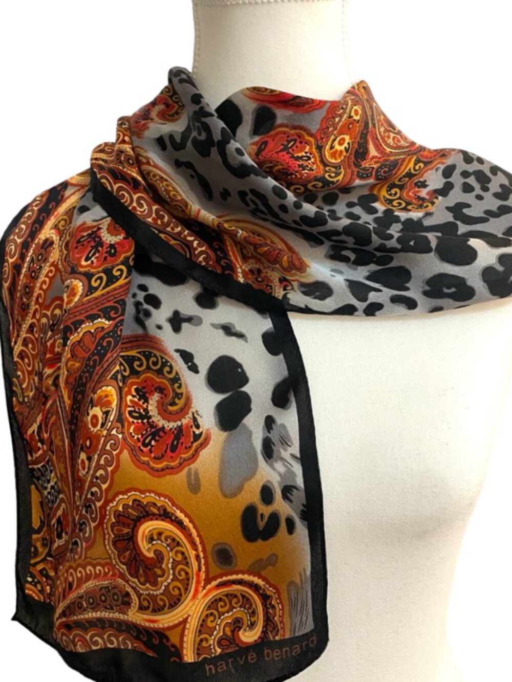 Harvé Benard Paisley Leopard Silk Feel Scarf | Gray, Rust & Gold | 51" x 9.5"